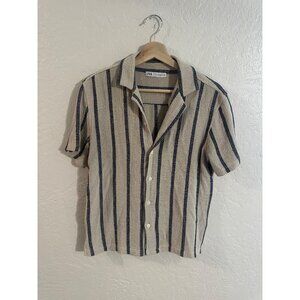 Zara Tan Beachy Linen Hemp Style Striped Short Sleeved Pocketed Collared Shirt